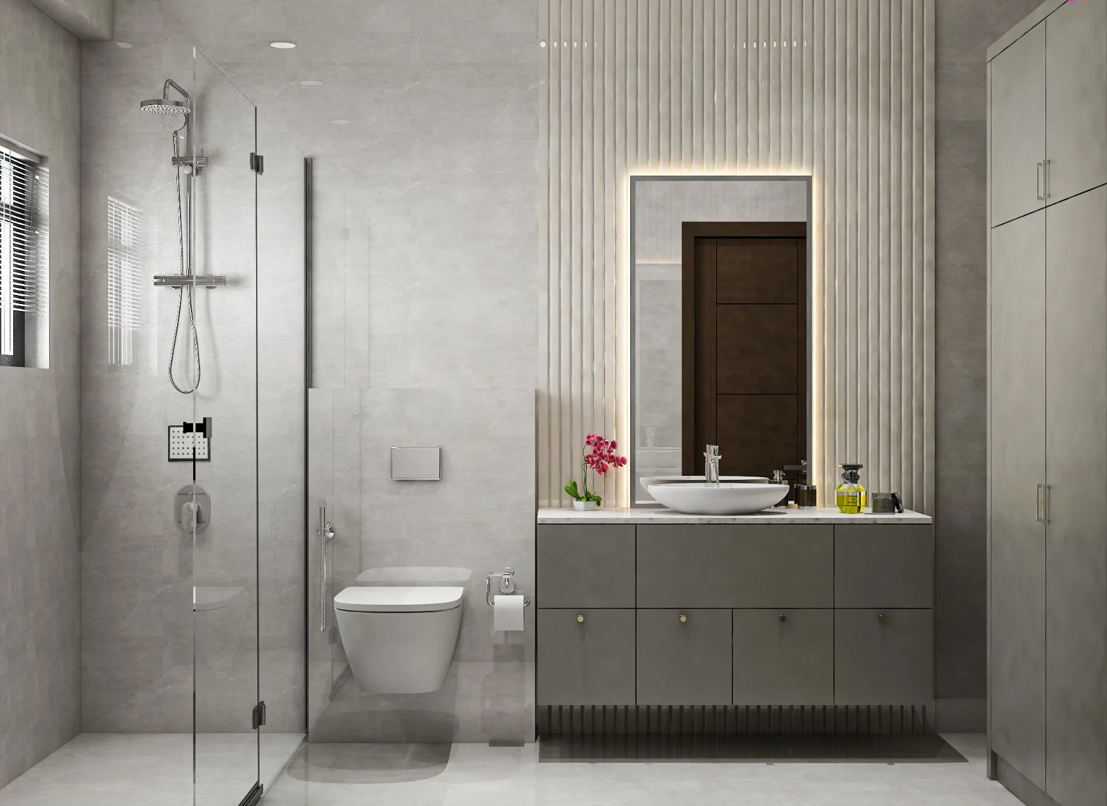 Bathroom in grey stone with a walk-in shower