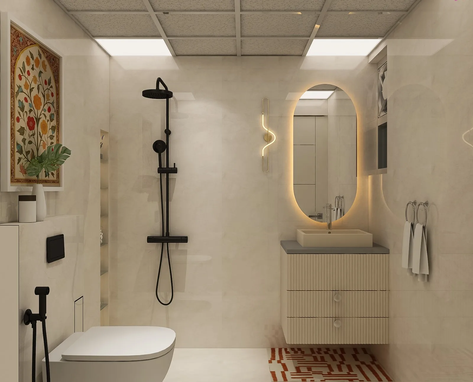 Bathroom with matte black fittings and a backlit mirror