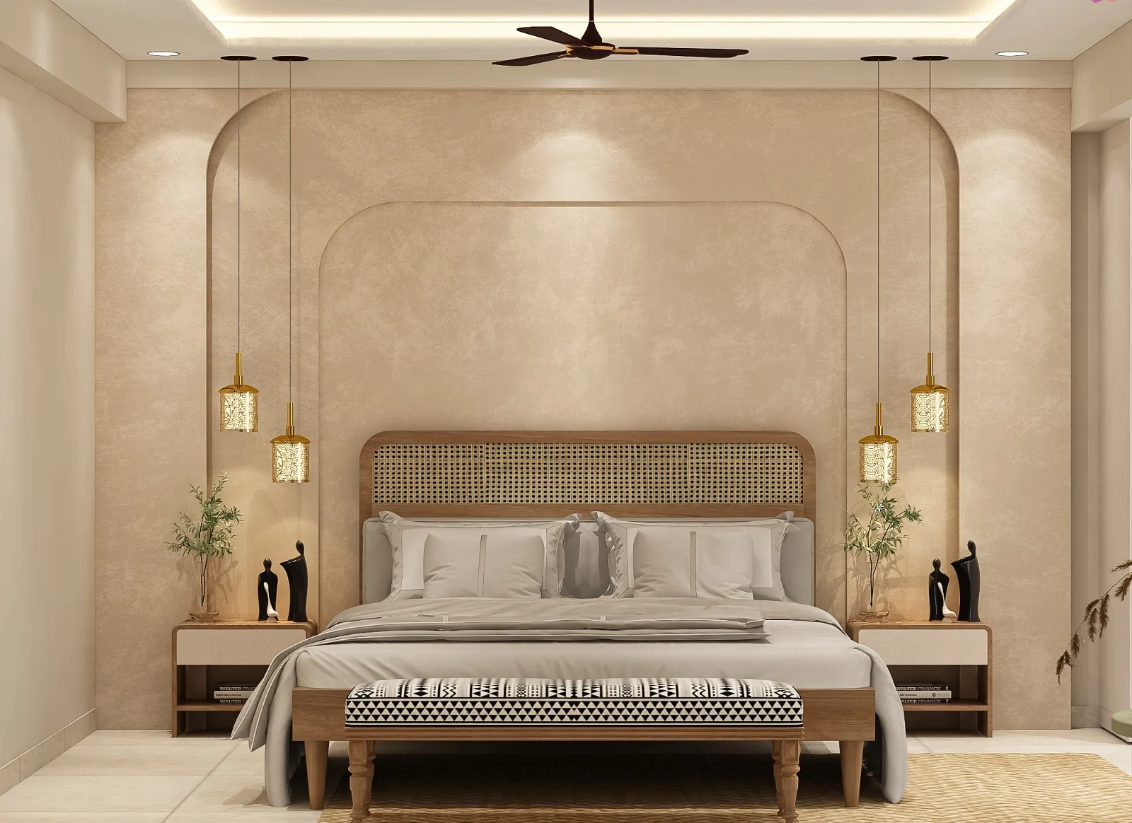 Bedroom with a cane headboard set into an arched niche