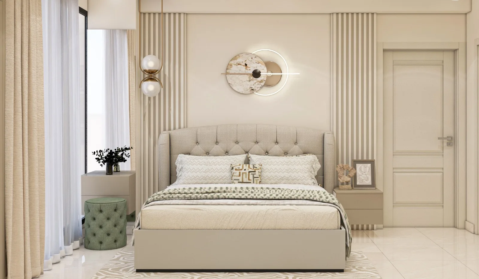 Bedroom with a tufted wingback headboard and fluted panelling