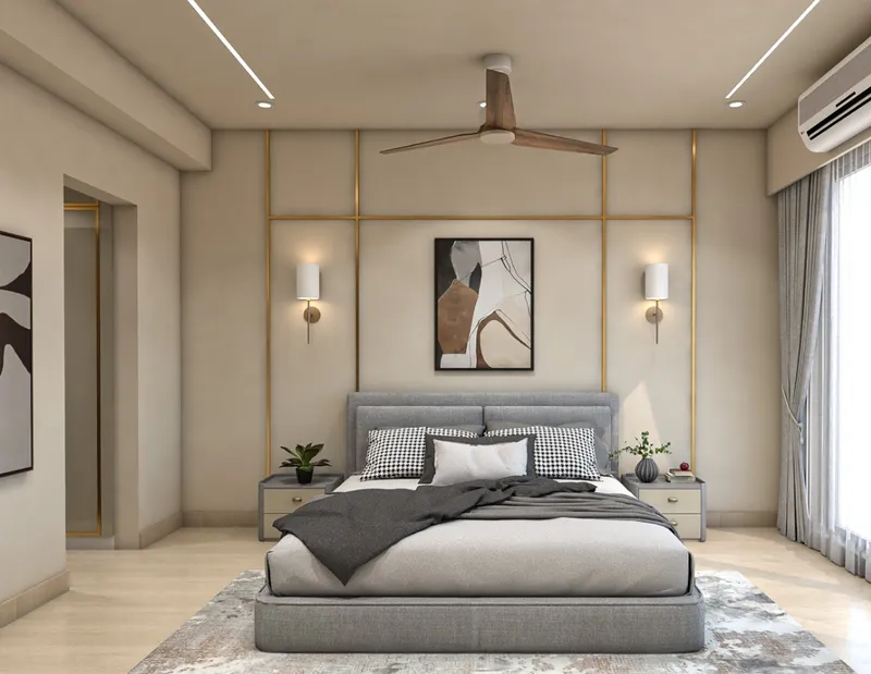 Bedroom with timber battens and a soft grey palette