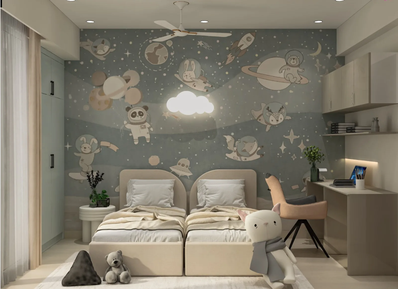 Child's bedroom with a painted mural and twin beds