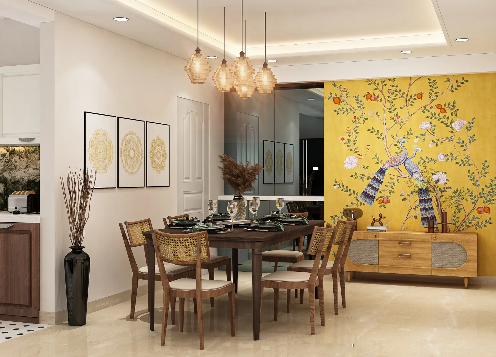 Dining room with a hand-painted peacock mural