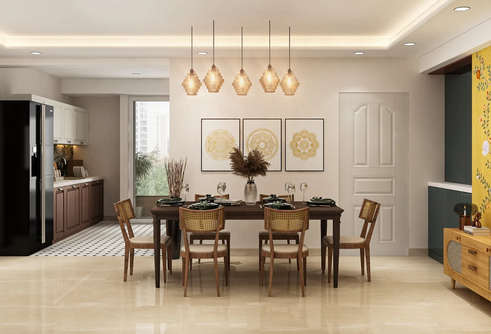 Dining room with mandala artwork and layered pendant lighting