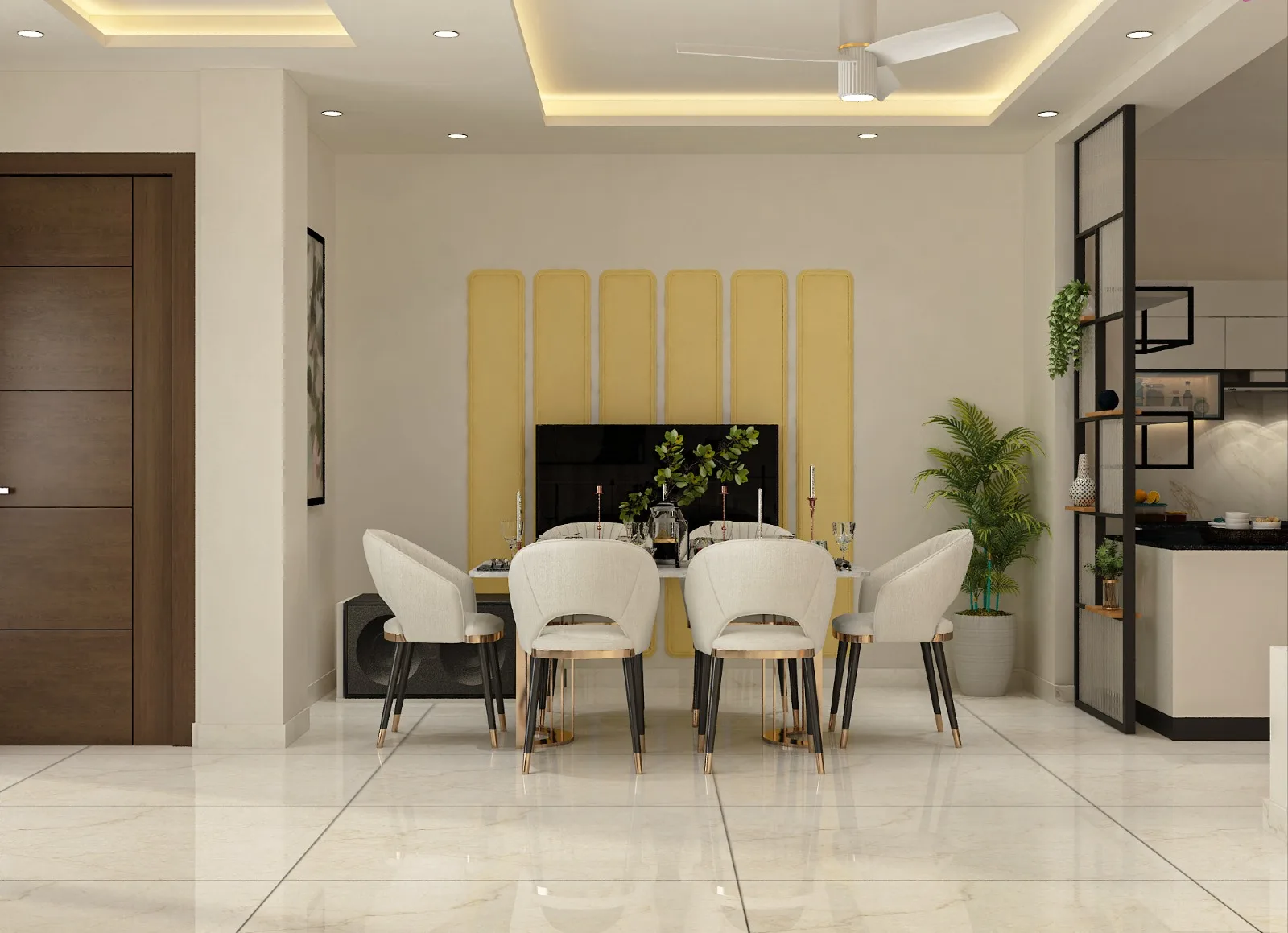 Dining room with upholstered wall panels, open to the kitchen