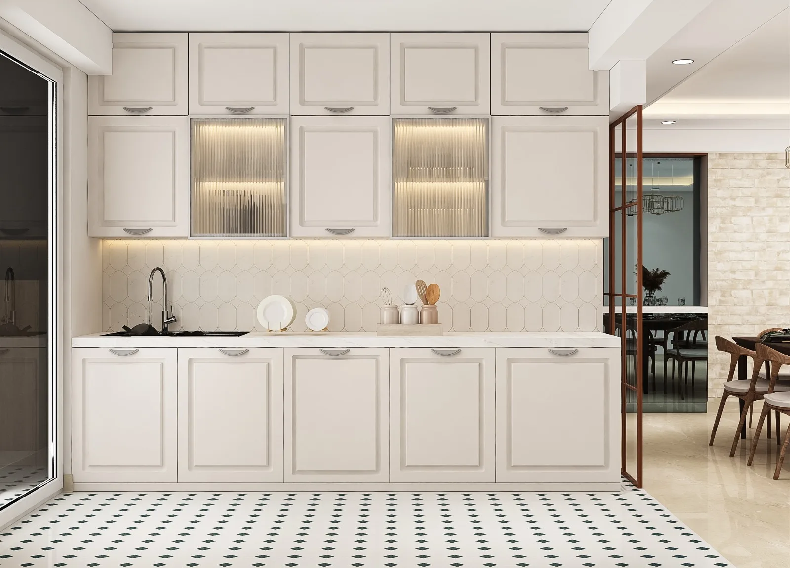Kitchen in cream shaker with a patterned tile floor