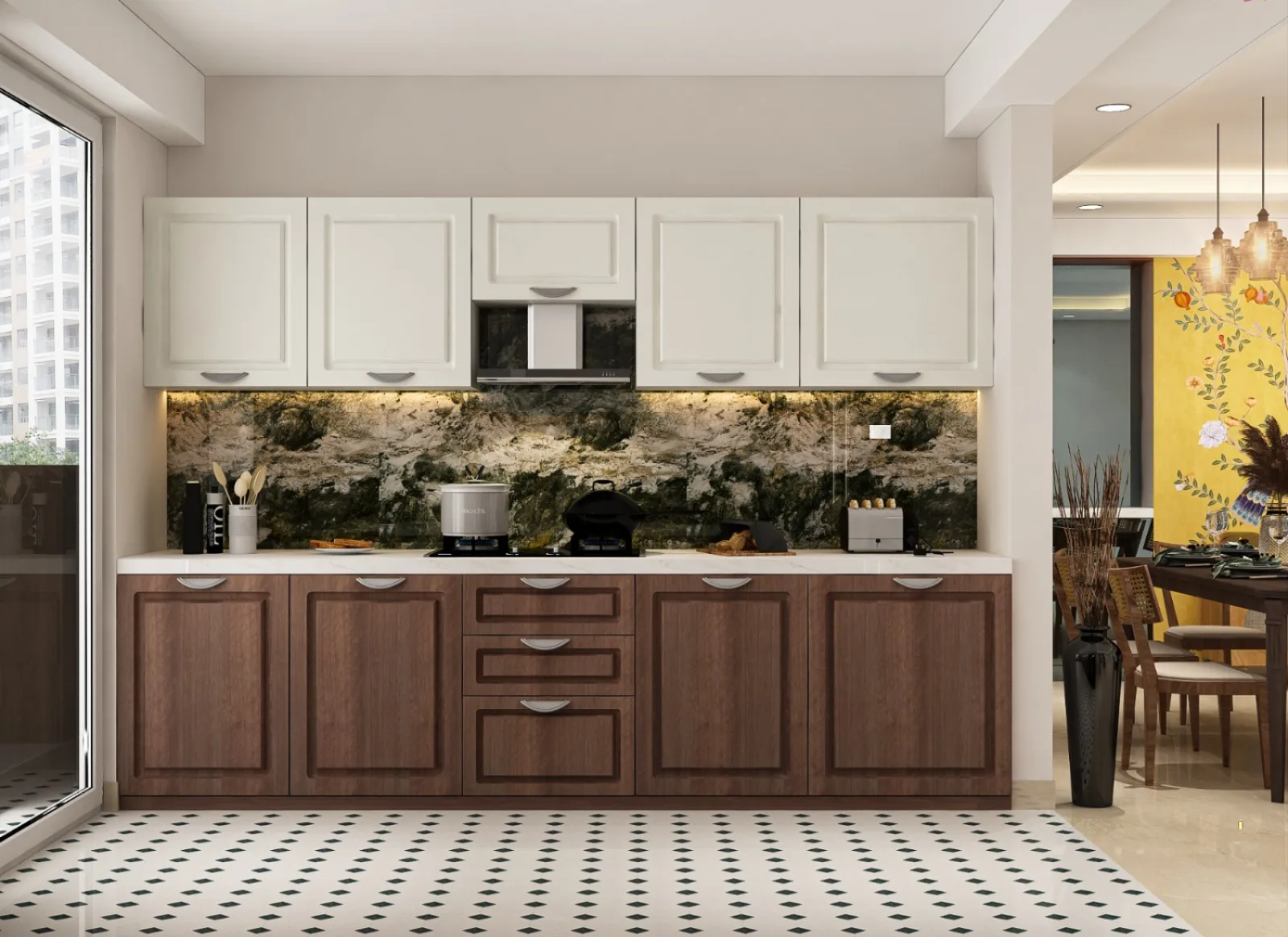 Kitchen in walnut and cream with a green marble splashback