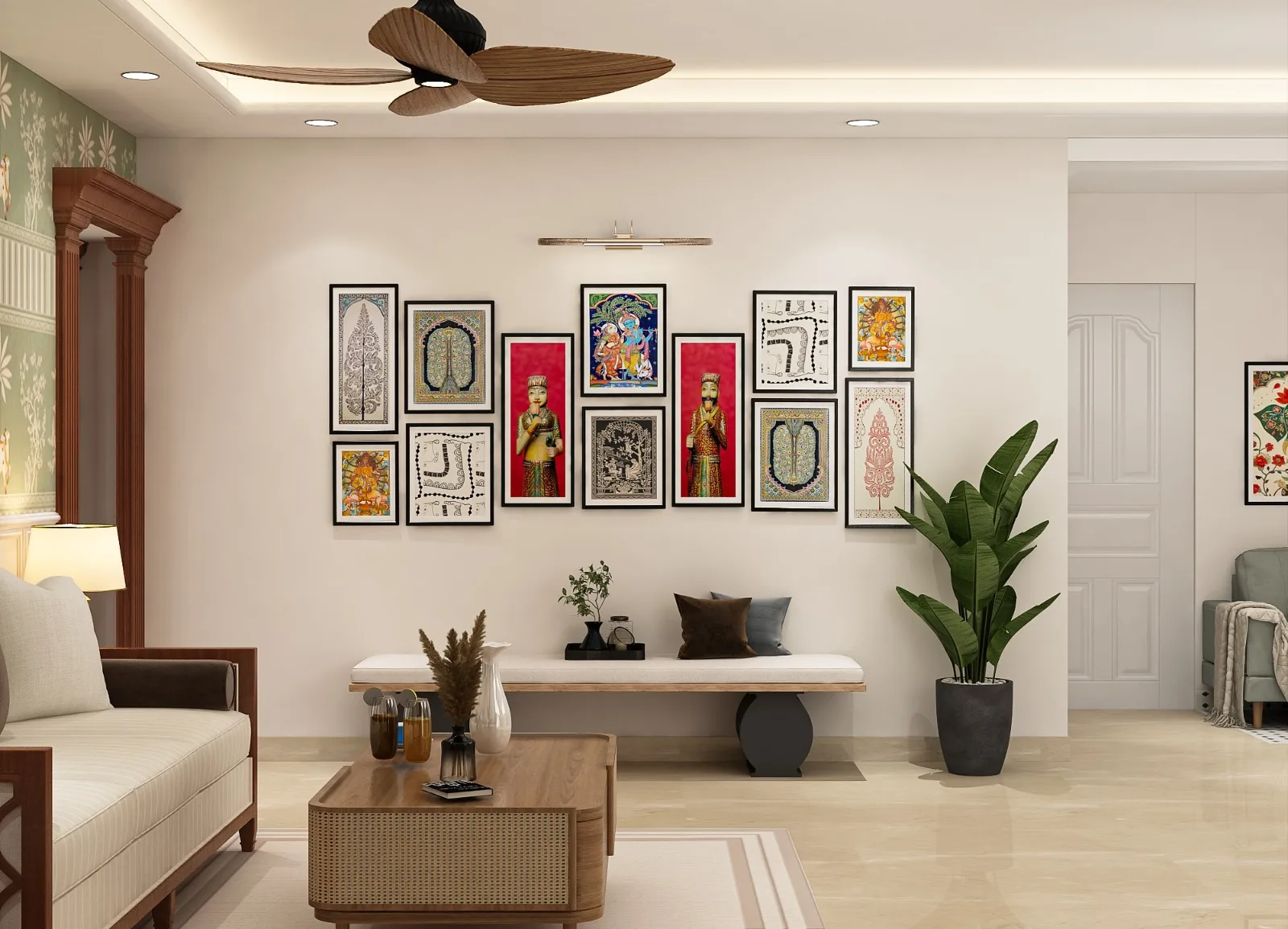 Living room with a gallery wall of Indian folk art