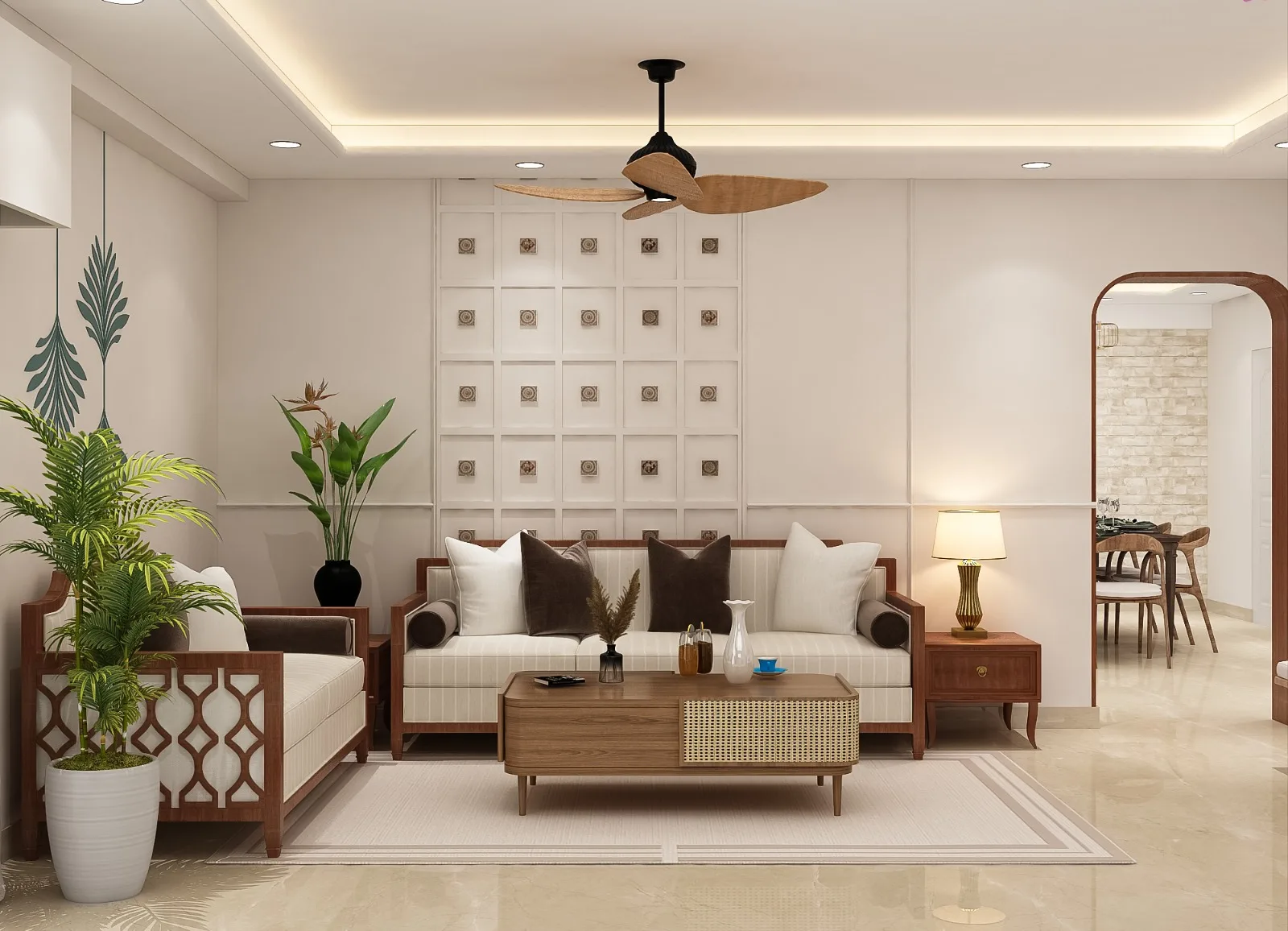 Living room with a panelled feature wall and an arch through to the dining room