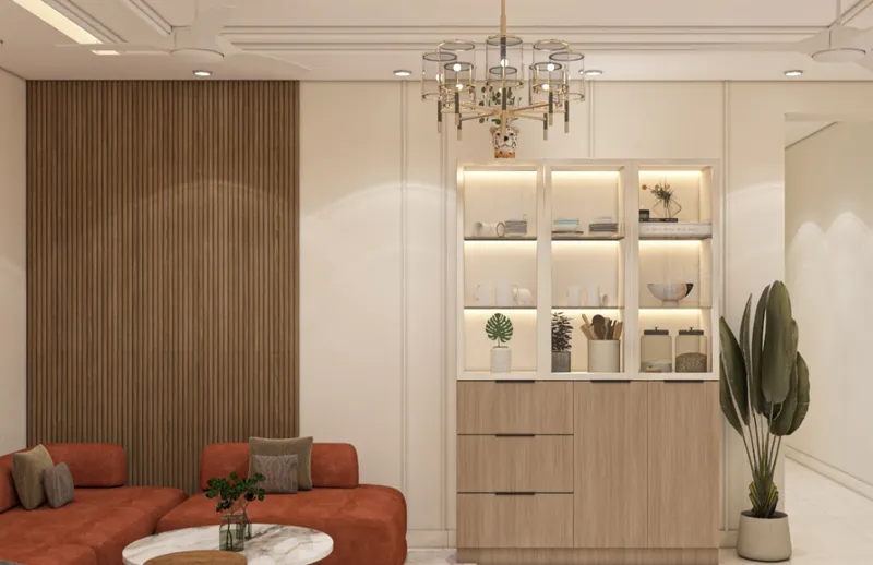 Living room with fluted wood panelling and a lit display cabinet