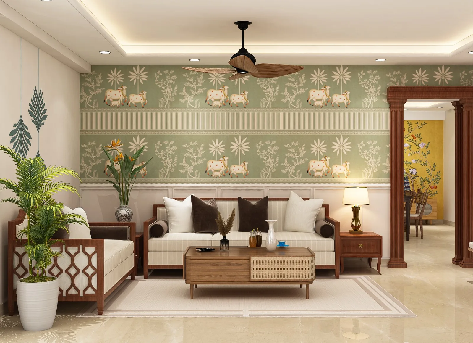 Living room with hand-painted wallpaper and solid wood seating