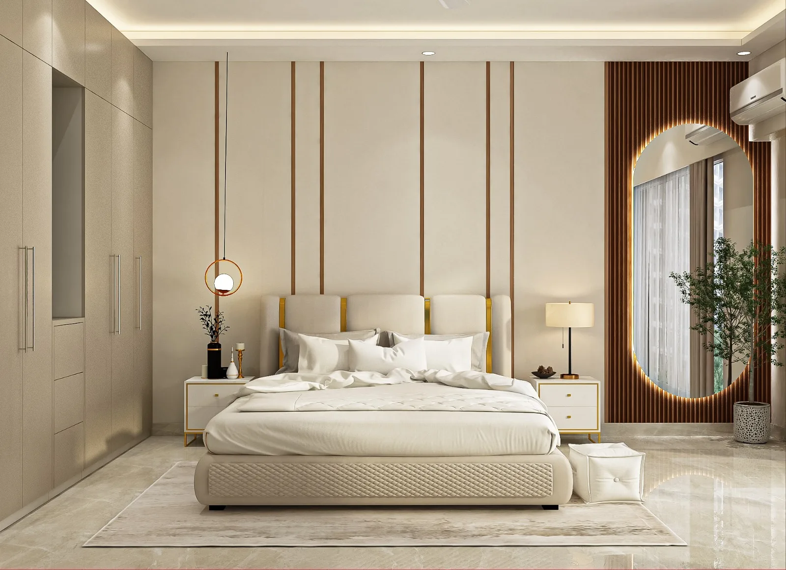 Main bedroom with a fluted headboard wall and a backlit mirror