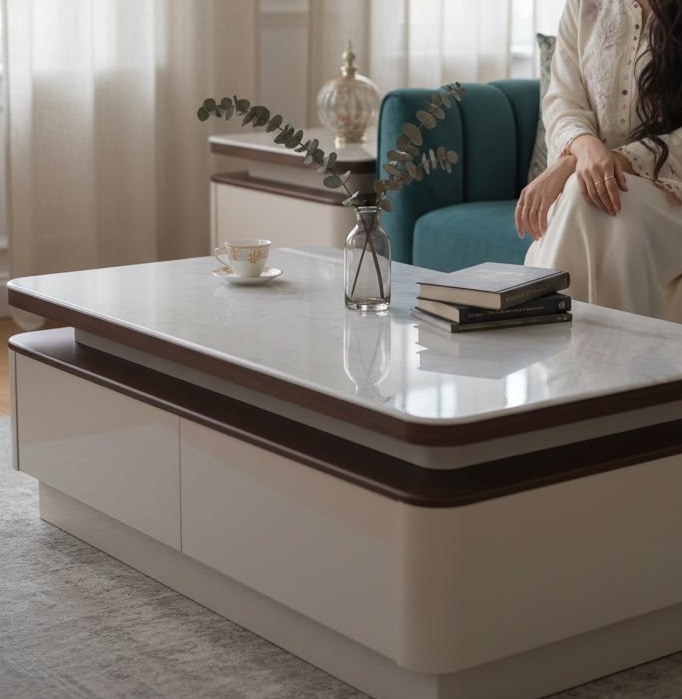 Two-Tone Coffee Table with Marble Top, 130 cm